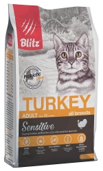 Сухой корм Блиц для взрослых кошек с чувствительным пищеварением BLITZ Sensitive Adult Cat Turkey (Индейка) Image 0